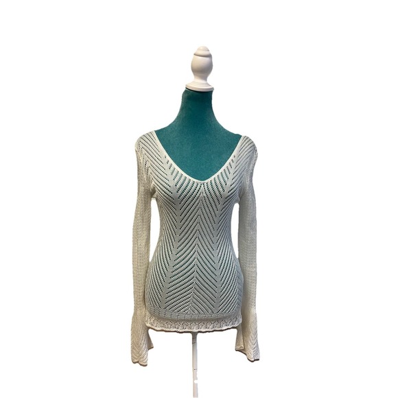 Caché Sweaters - Vintage Cache White Open Knit Chevron Tunic Sweater Bell Sleeve Boho Size‎ M